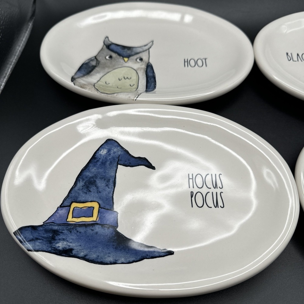 Rae Dunn Halloween Appetizer Snack‎ Plates Set 4 Owl Cat Pumpkin Witch Magenta - Picture 3 of 7